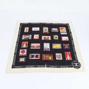 Chanel stamp-patterned scarf/muffler, black and beige, large size, for women.